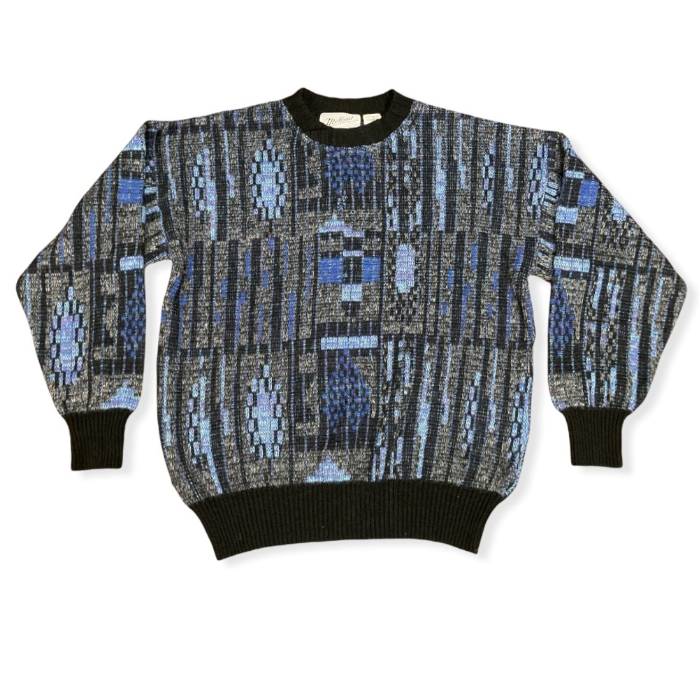 VINTAGE 1990s Method Sweater Men's Large Wool Acrylic Crew Neck Blue Geometric